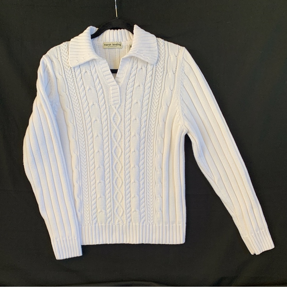Vintage 90s Marsh Landing White Cotton Cable Knit Long Sleeve Polo Sweater - L